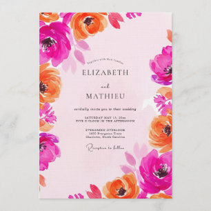 Invitación Boda Floral Pintoresco Fuchsia y Naranja