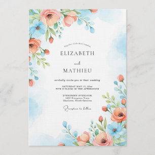 Invitación Boda Floral Pintura Azul Coral