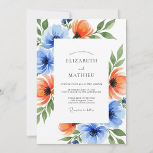 Invitación Boda Floral Pintura Azul Coral