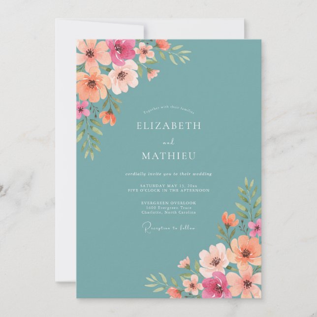 Invitación Boda Floral Pintura Teal (Anverso)