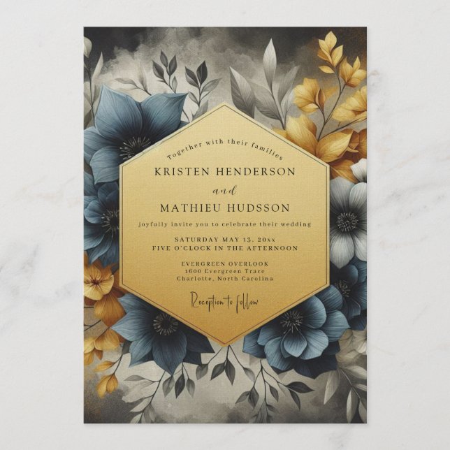 Invitación Boda Floral Pizarrera y Dorada Pintada (Anverso)