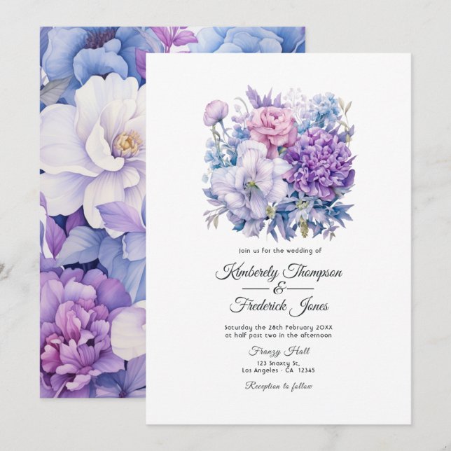 Invitación Boda Floral Plata, Icy Blue y Lilac (Anverso / Reverso)