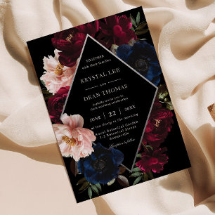 Invitación Boda Floral Plata Naval Borgoña Rubor