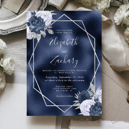 Invitación Boda floral plateada azul polvoriento azul marino