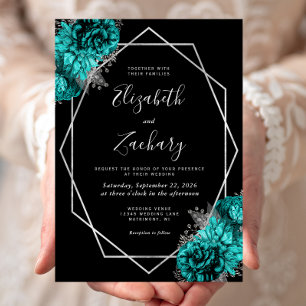 Invitación Boda Floral Plateada Azul Teal Negra