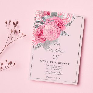 Invitación Boda floral plateada botánica rosa brillo
