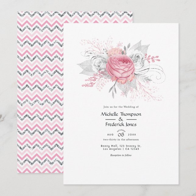 Invitación Boda floral plateada y rosa (Anverso / Reverso)