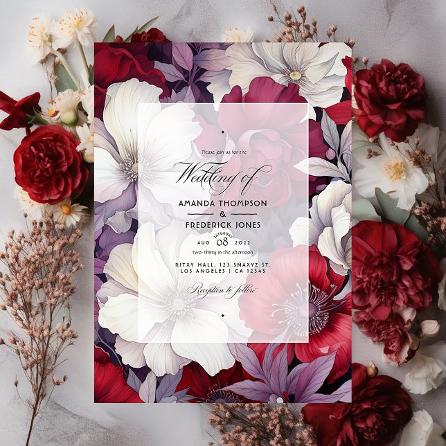 Invitación Boda floral plateado, blanco y rojo profundo (Subido por el creador)