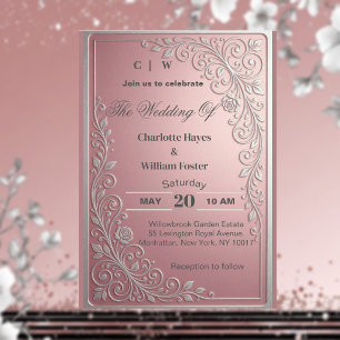 Invitación Boda Floral Plateado con Vid de Rosa Rosa Rubor