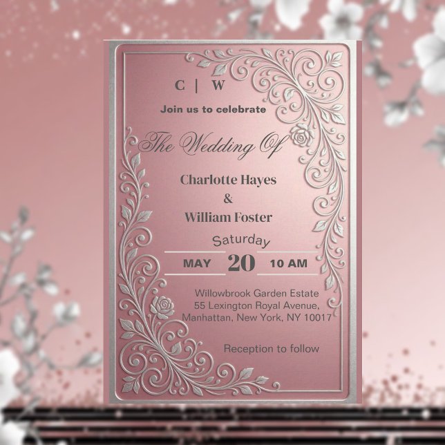Invitación Boda Floral Plateado con Vid de Rosa Rosa Rubor (Blush Pink Rose Vine Glitter Silver Floral Wedding Invitation)