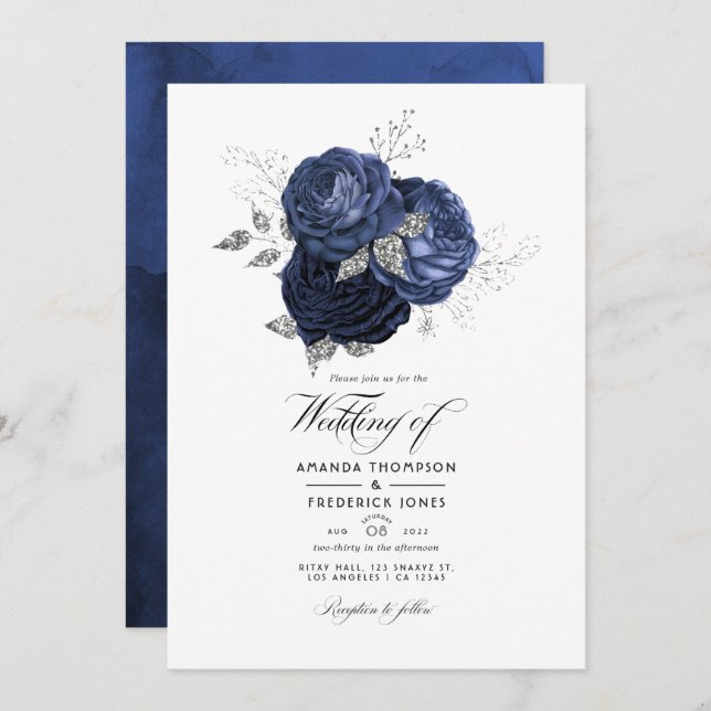 Invitación Boda floral plateado de la Marina Rusa y Purpurina (Anverso / Reverso)