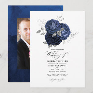 Invitación Boda floral plateado de la Marina Rusa y Purpurina