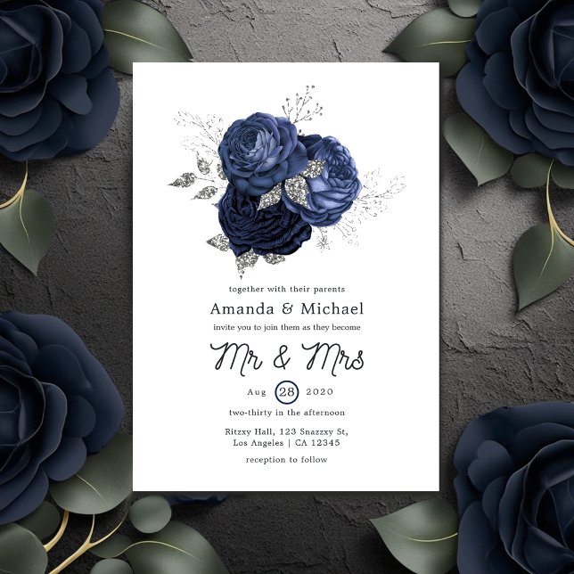 Invitación Boda floral plateado de la Marina Rusa y Purpurina (Subido por el creador)