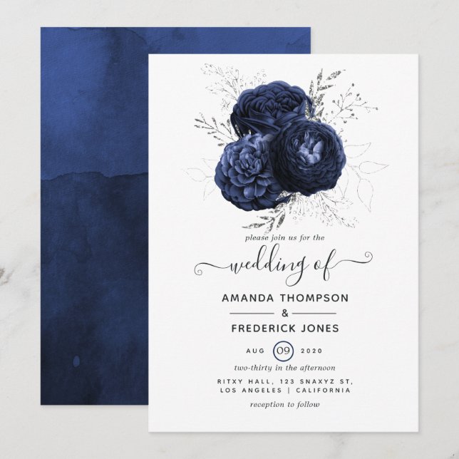 Invitación Boda floral plateado de la Marina Rusa y Purpurina (Anverso / Reverso)