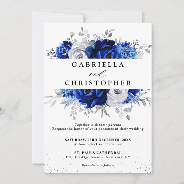 Invitación Boda floral plateado metálico azul real (Anverso)