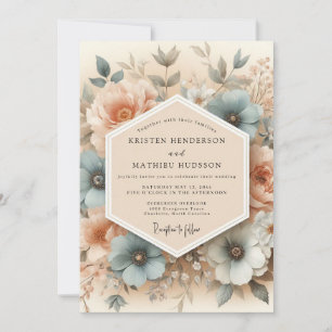 Invitación Boda Floral Poética Azul Polvoriento