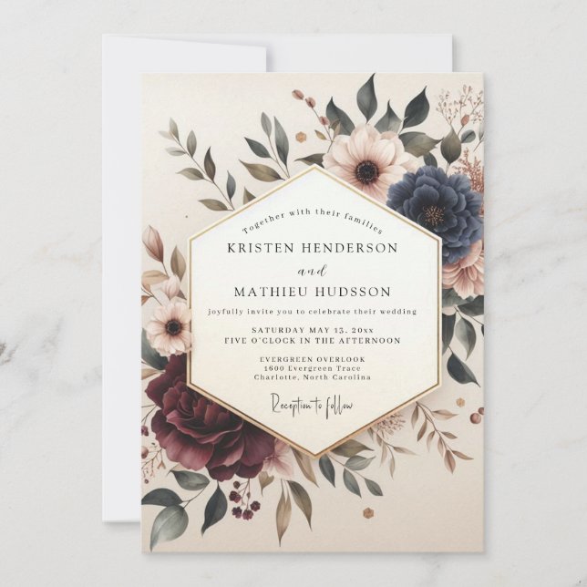 Invitación Boda Floral Poética de Borgoña (Anverso)