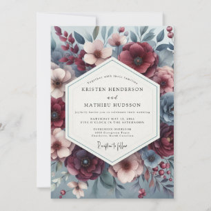Invitación Boda Floral Poética de Borgoña y Pizarra