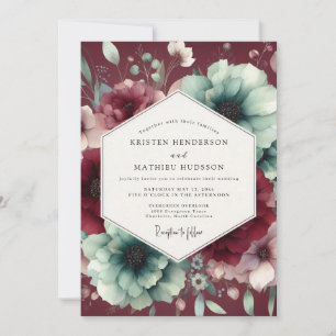 Invitación Boda floral poética de Borgoña y turquesa