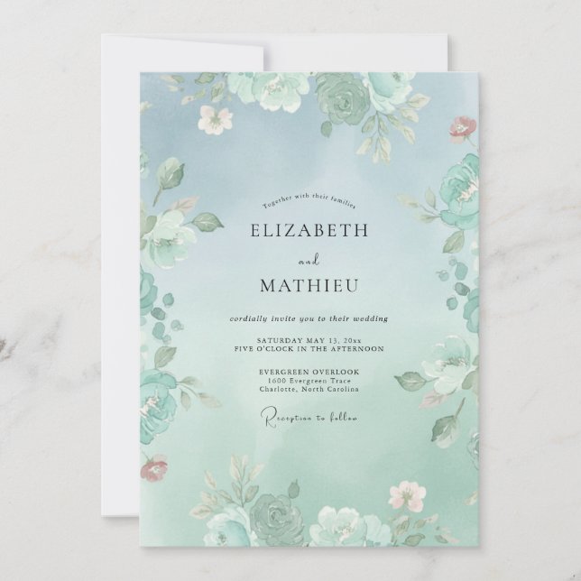 Invitación Boda floral poética de verde menta (Anverso)
