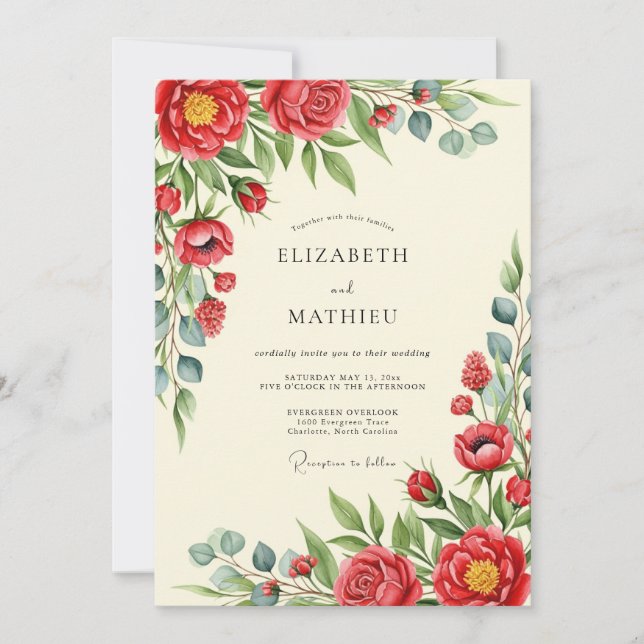 Invitación Boda floral poética roja (Anverso)
