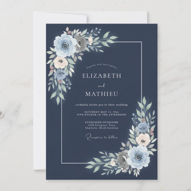 Invitación Boda Floral Polvorienta Azul Marino (Anverso)