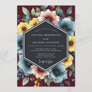 Invitación Boda Floral Polvorienta Azul Pictórica