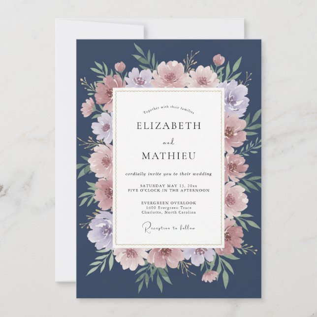 Invitación Boda floral polvorienta rosa marina (Anverso)