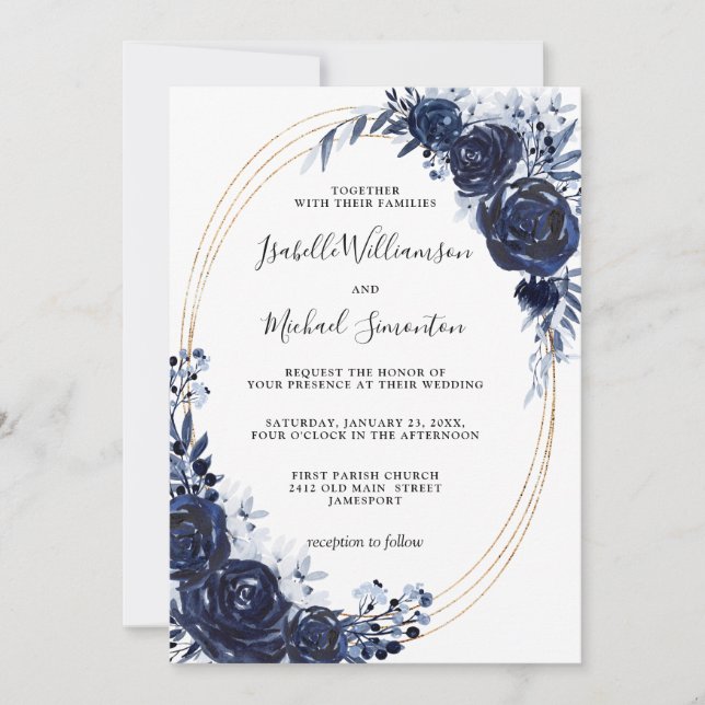 Invitación Boda Floral Polvoriento Rústico Azul (Anverso)