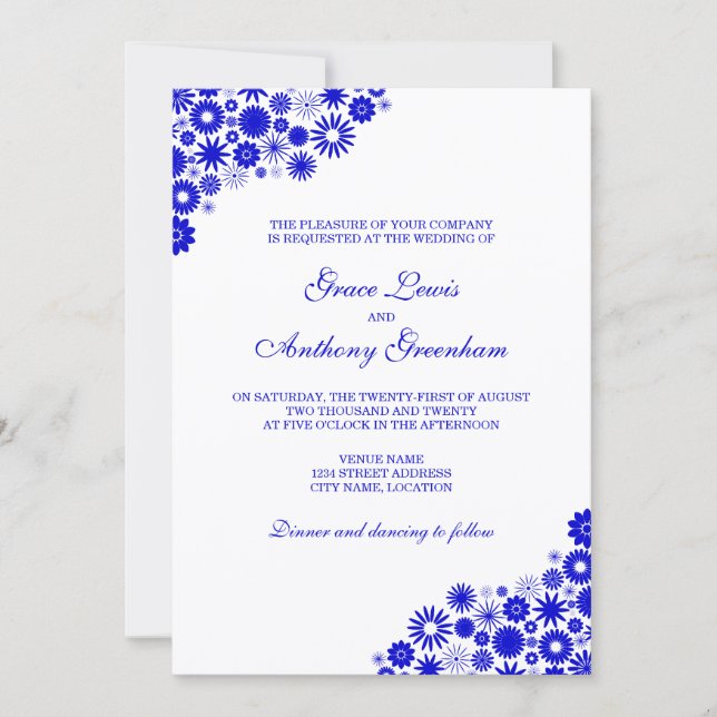 Invitación Boda floral preciosa de azul real (Anverso)