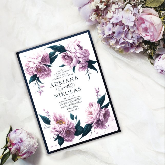 Invitación Boda floral primavera verano rosado Peony Blue Lea (Subido por el creador)