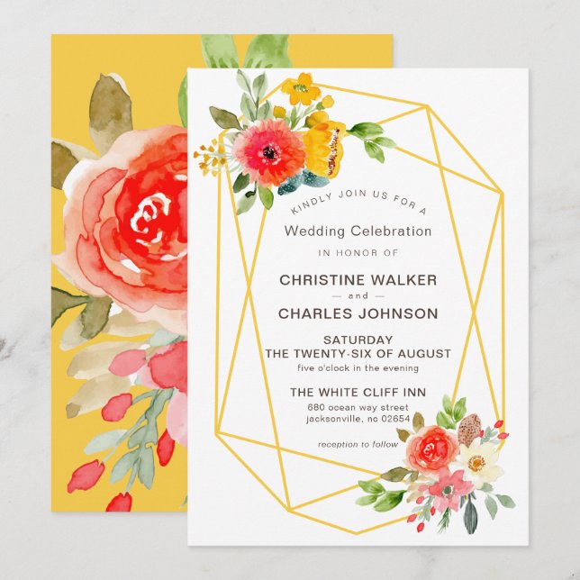 Invitación Boda floral primaveral geométrica de oro moderno (Anverso / Reverso)