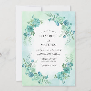 Invitación Boda floral prístina azul acuático