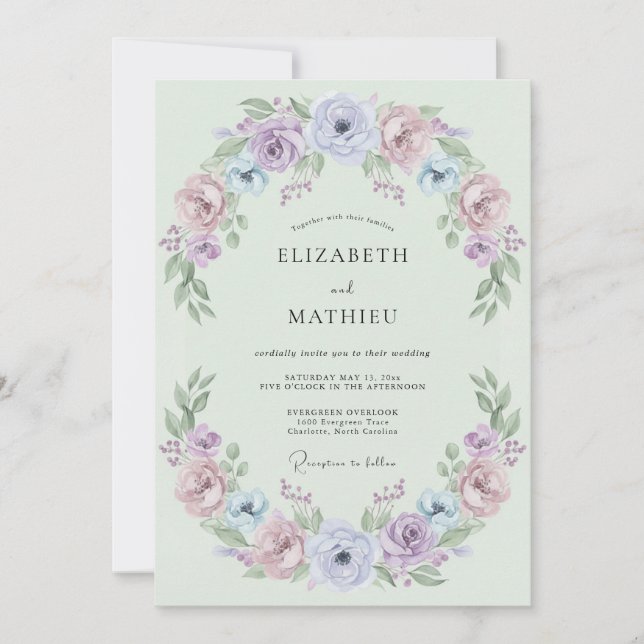 Invitación Boda floral prístina verde menta (Anverso)