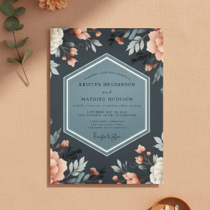 Invitación Boda Floral Profunda Azul con Fantasía