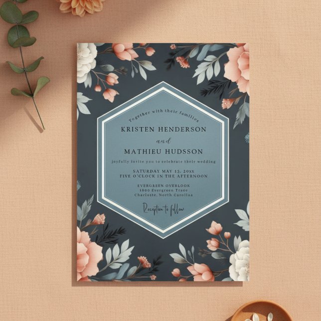 Invitación Boda Floral Profunda Azul con Fantasía (Subido por el creador)