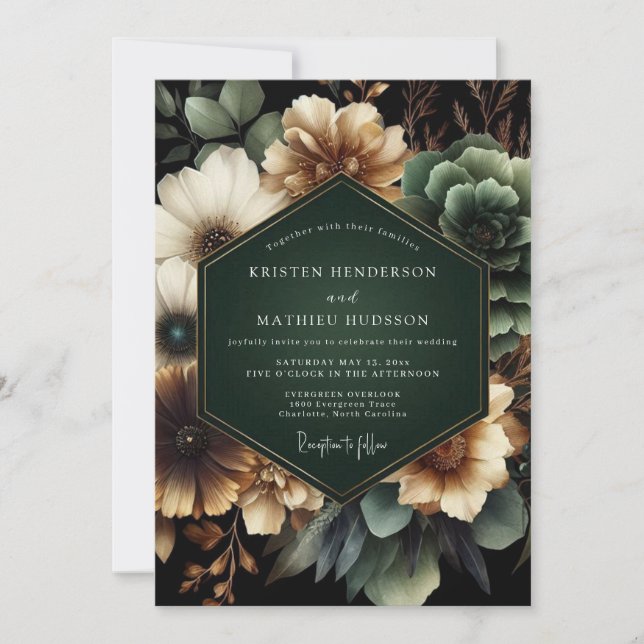 Invitación Boda Floral Profunda Verde Oscuro (Anverso)