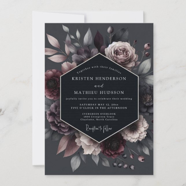 Invitación Boda Floral Profunda y Malva (Anverso)