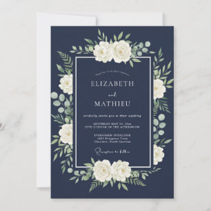 Invitación Boda floral pulida azul marino