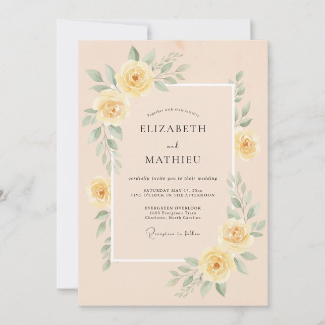 Invitación Boda Floral Pulida de Melocotón (Anverso)