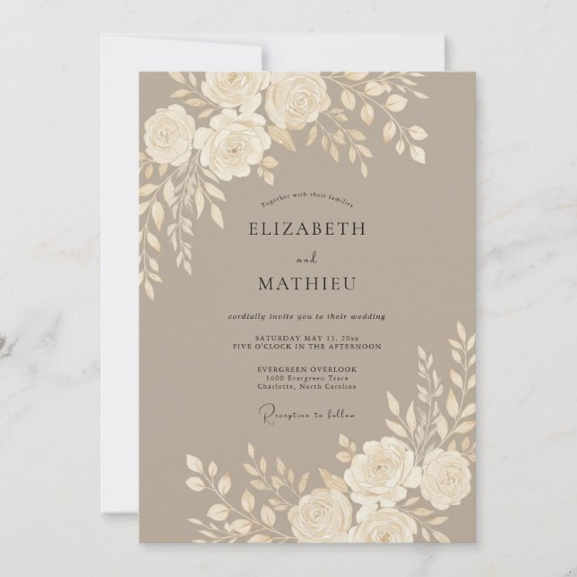 Invitación Boda floral pulida de mocha (Anverso)