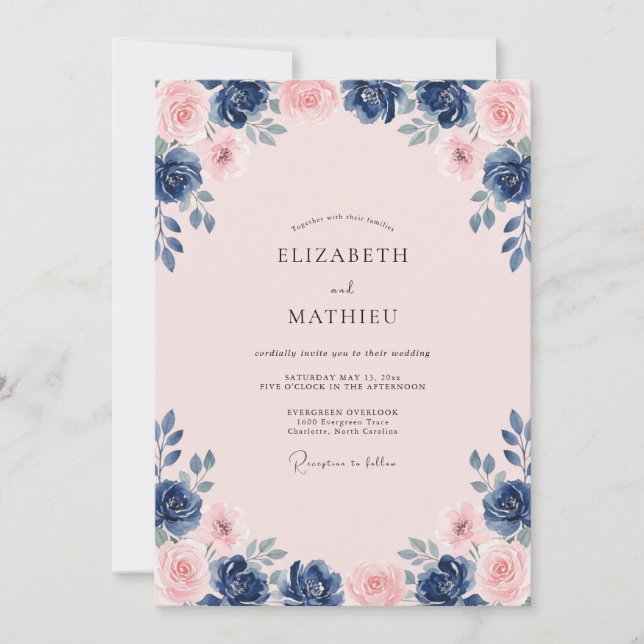 Invitación Boda floral pulida de Navy Blush (Anverso)