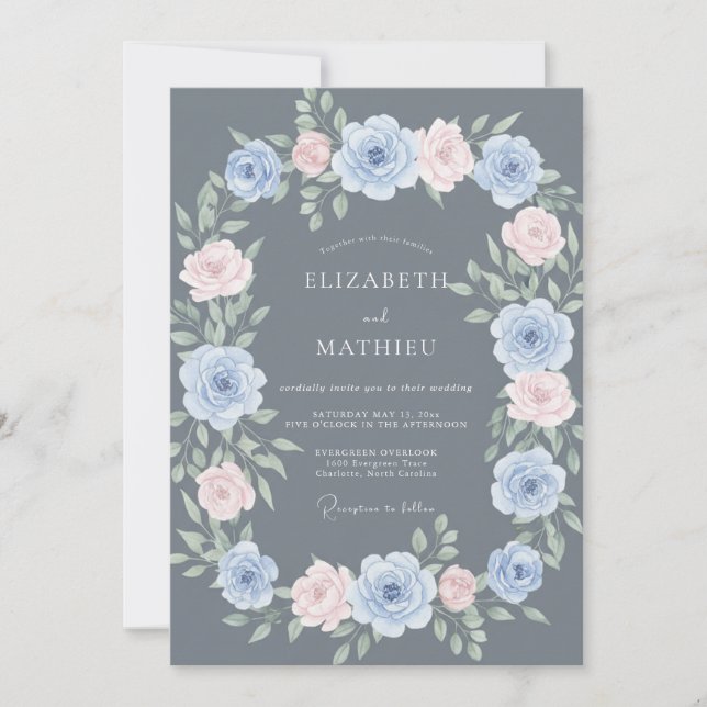 Invitación Boda Floral Pulida Gris Pizarra (Anverso)