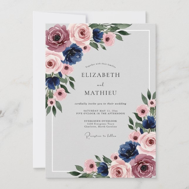 Invitación Boda Floral Pulida Rosa Polvorienta Azul Mariner (Anverso)