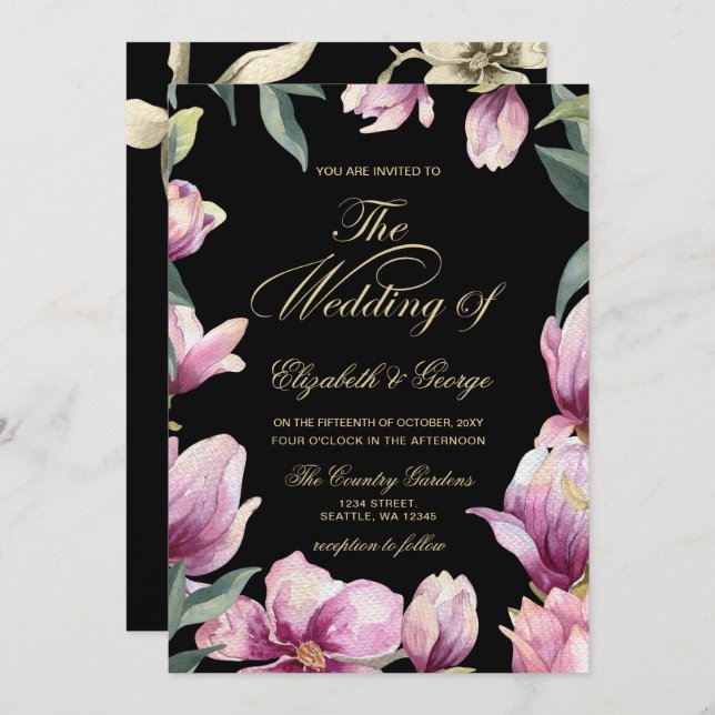 Invitación Boda Floral Purple Black and Gold (Anverso / Reverso)