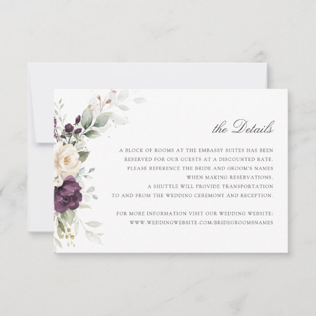 Invitación Boda Floral Purple Greenery Detalles Insertar (Anverso)
