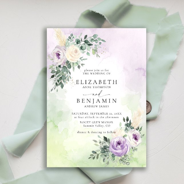 Invitación Boda floral Purple Lilac Lavender Boho Moda (purple lavender lilac wedding invitation watercolor elegant rustic floral garden romantic brunch)