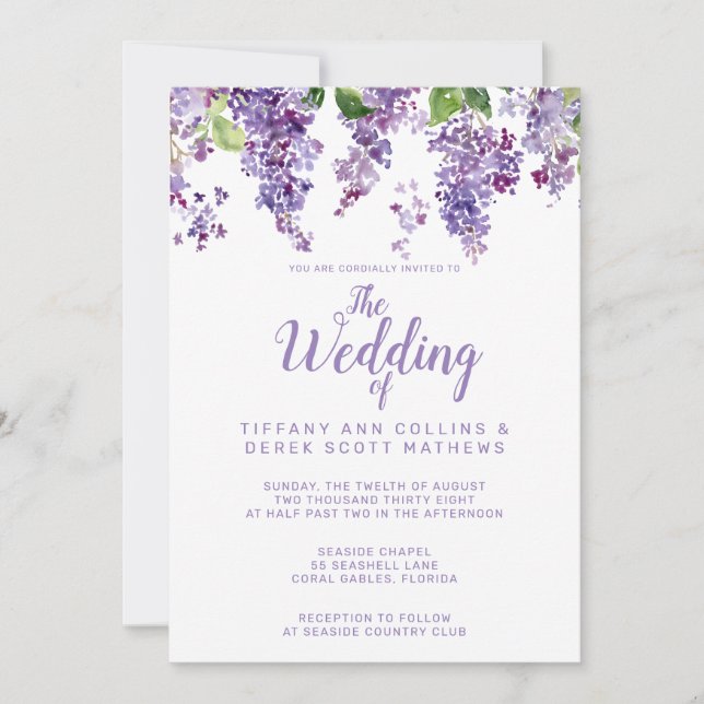 Invitación Boda floral Purple Watercolor Lilacs (Anverso)