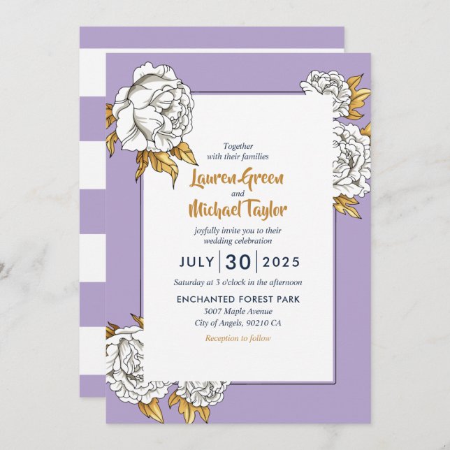 Invitación Boda floral Purple White Rose Carnation Spring (Anverso / Reverso)