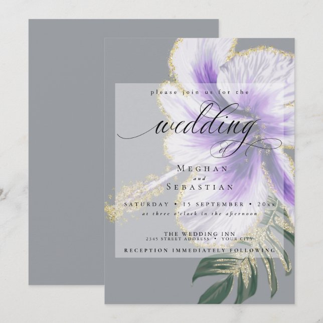 Invitación Boda floral púrpura audaz elegante (Anverso / Reverso)